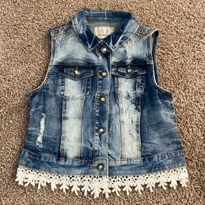 BKE Faded Blue Denim Vest with Embellishments & Lace Trim